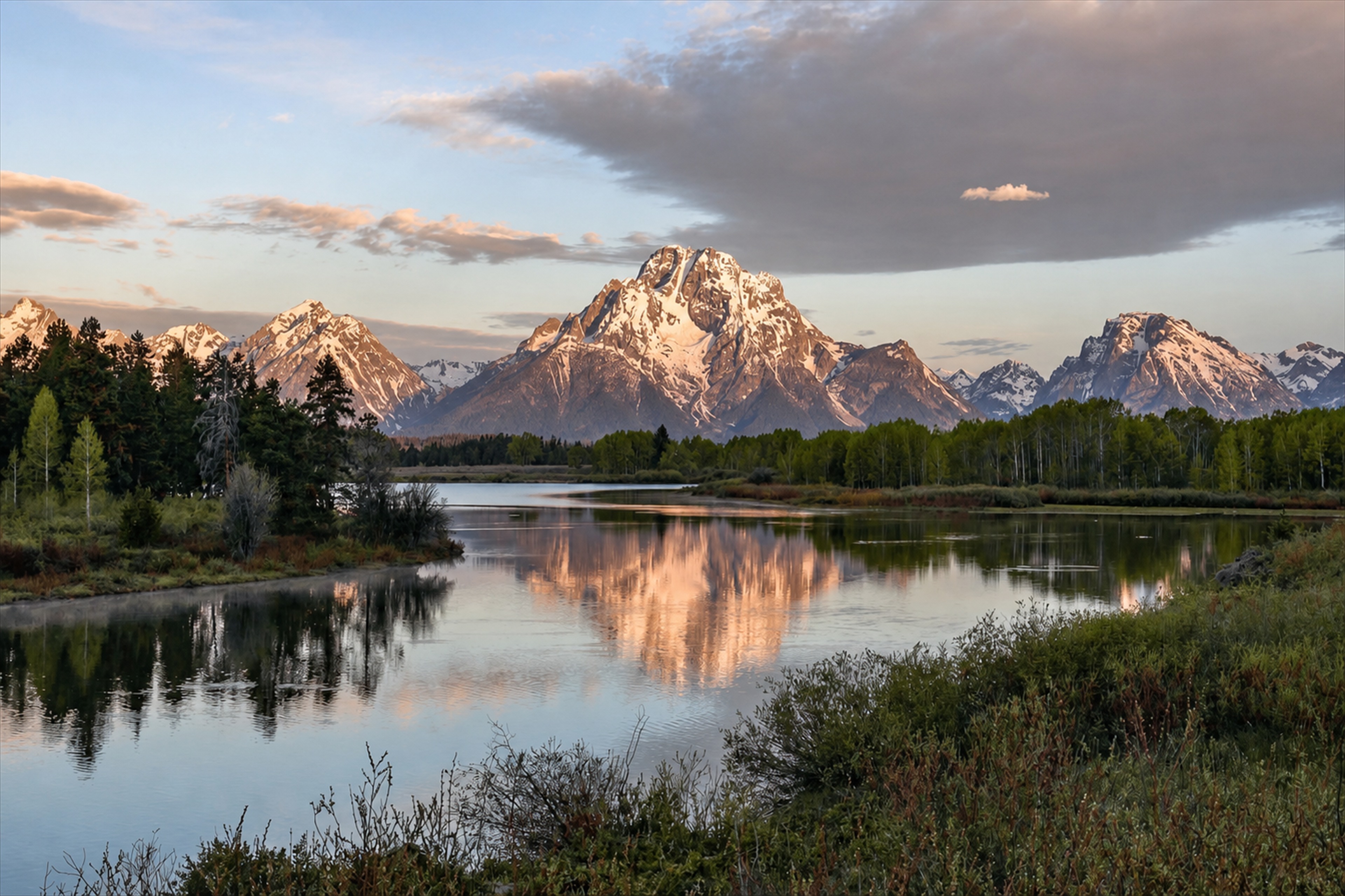 Montanhas refletidas em um lago ao entardecer