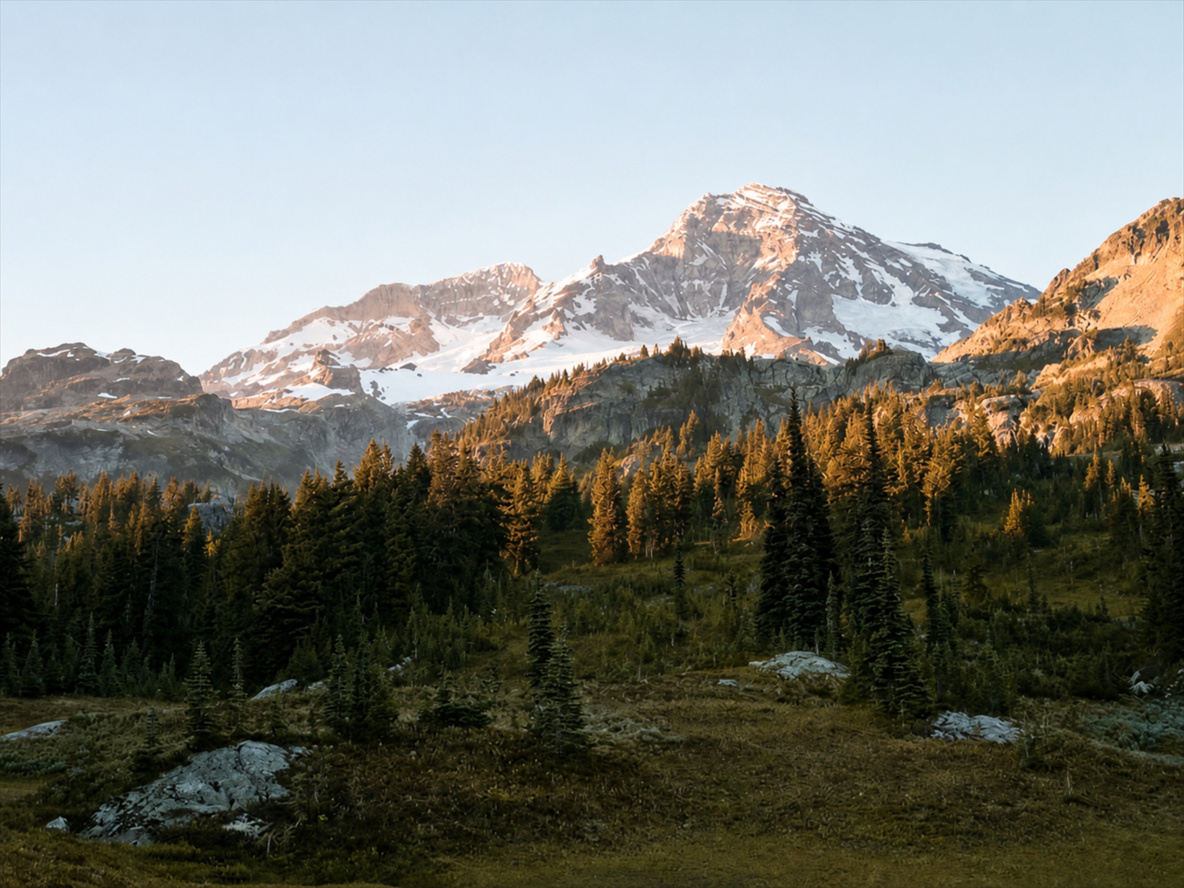 Montanha nevada acima de uma floresta
